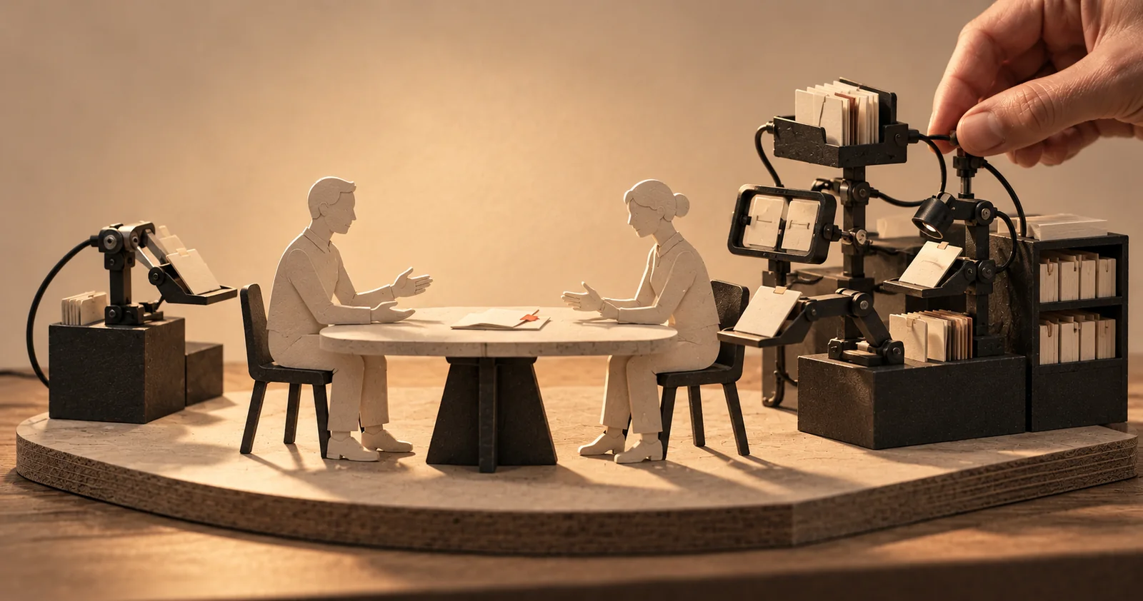 Dos figuras de papel del mismo tamaño negocian en una mesa; una dispone de un asistente y la otra de varios módulos conectados y más carpetas de contexto.