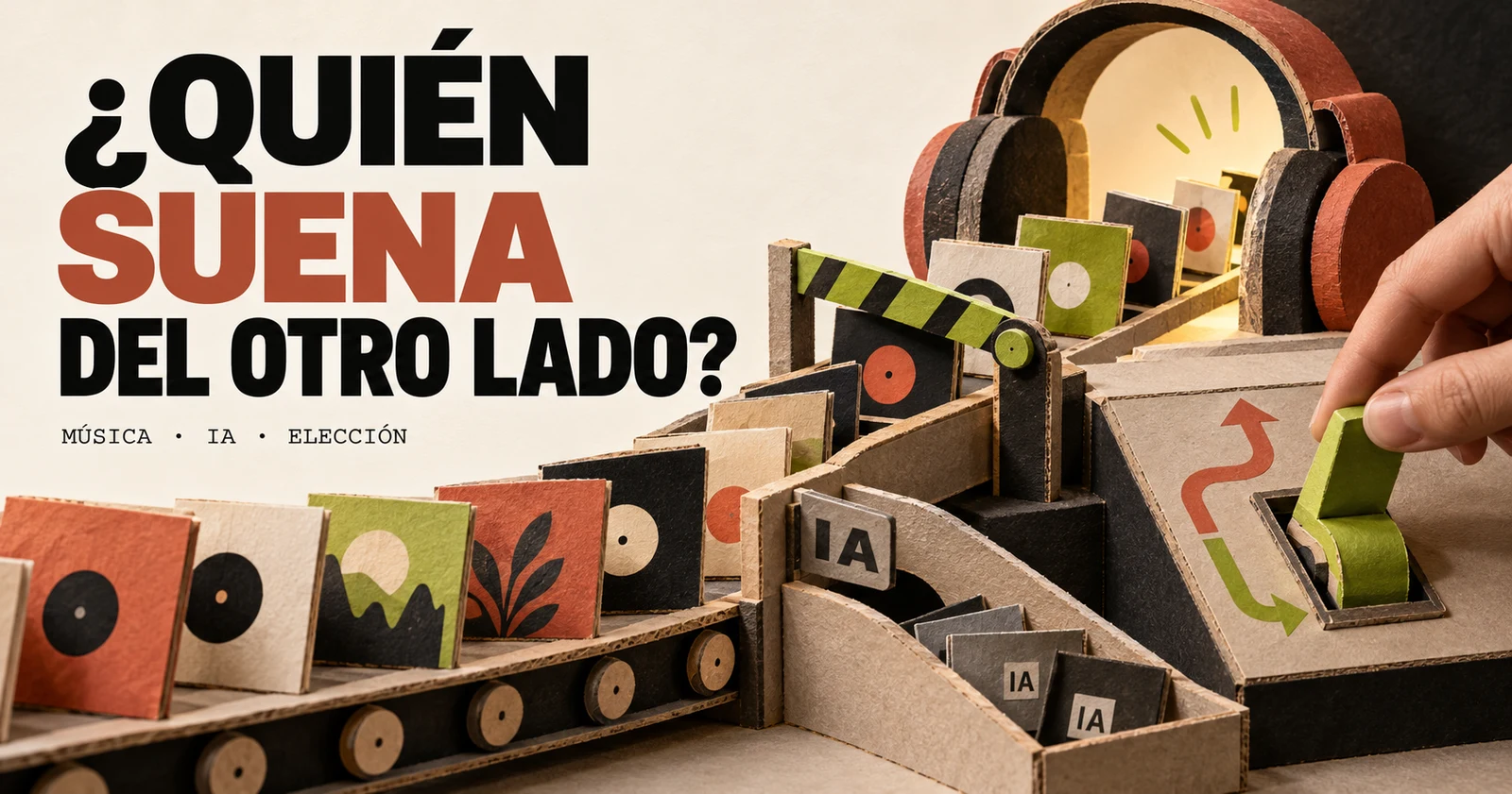 Portada «¿Quién suena del otro lado?»: una mano acciona un selector de cartón que desvía discos marcados IA antes de llegar a unos auriculares.