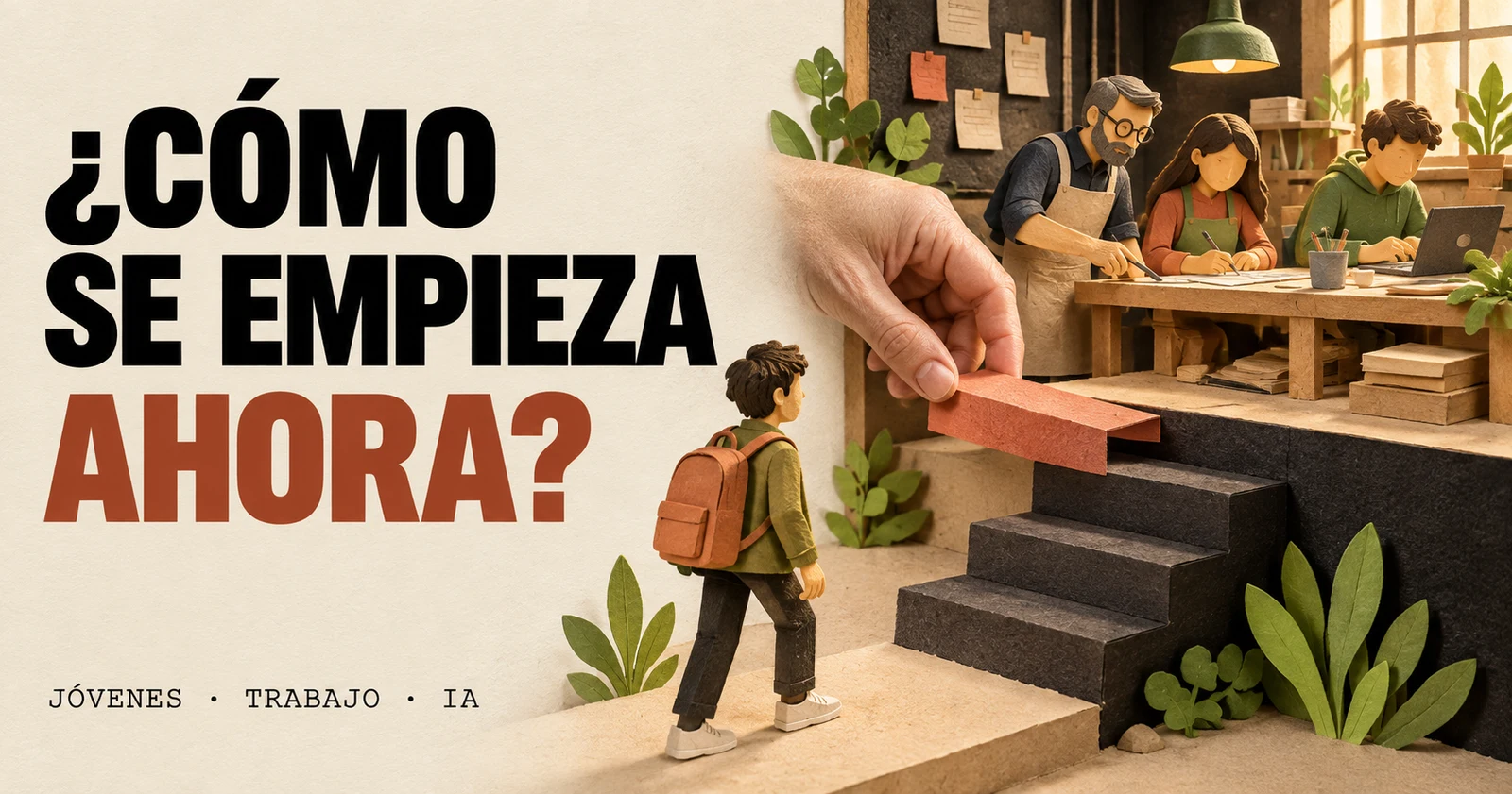 Portada «¿Cómo se empieza ahora?»: una persona espera frente a una escalera hacia una mesa de trabajo mientras una mano coloca una pieza para facilitar el acceso.