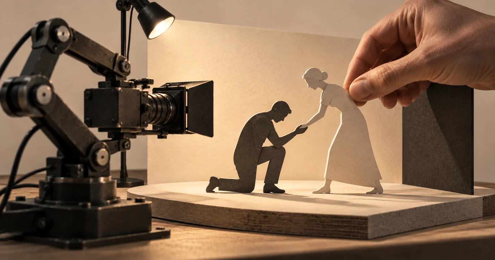 Una mano humana posa dos figuras de papel en un pequeño set de cine, frente a una cámara montada en un brazo robótico.