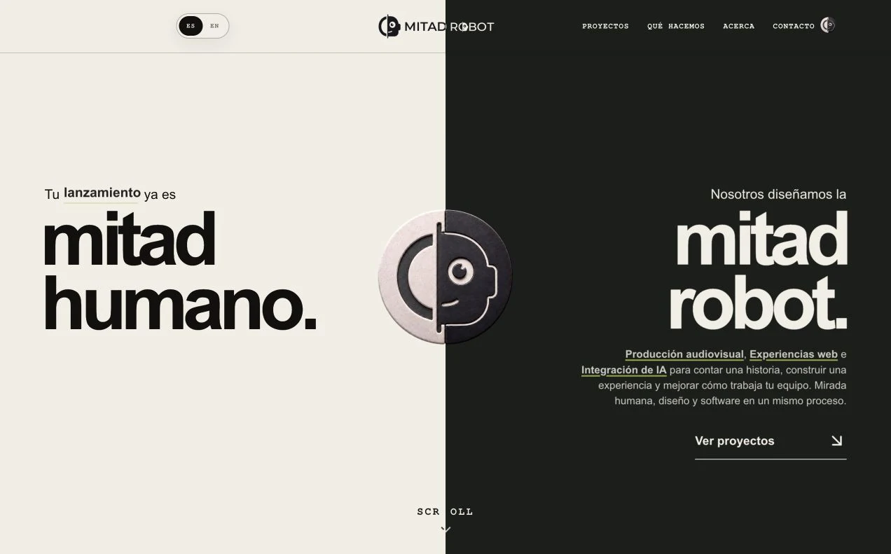 Portada del sitio Mitad Robot con su identidad de dos mitades.